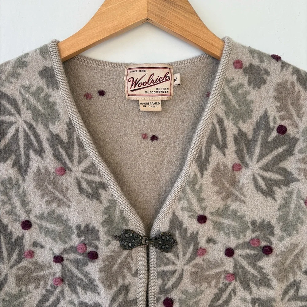 Woolrich 100% Wool Leaf Print Sweater Vest Rustic Cottagecore XL